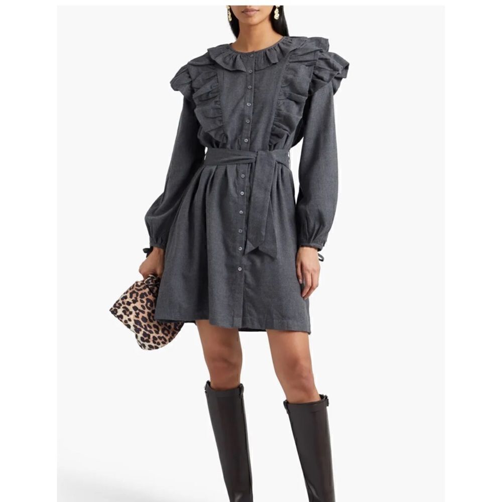 NWT Antik Batik Gray Belted Ruffle Shoulder Shirt Dress| Size M